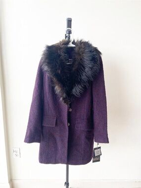 Badgley Mischka Deep Purple Pea Coat with Dark Faux Fur Collar